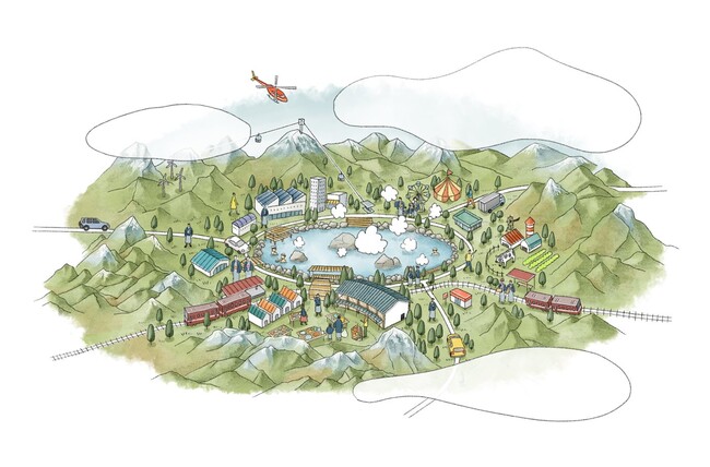 ライフカルチャープラットフォームのイメージ図。独自のライフカルチャー（世界観）を温泉にたとえ、温泉を中心に発展するリゾートパークを表現。