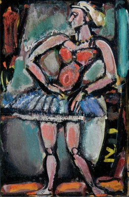 ジョルジュ・ルオー 「大太鼓の前の曲馬団の娘」 油彩、グワッシュ　31.0×21.0ｃｍ