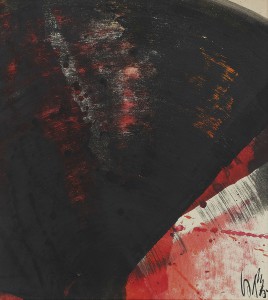 白髪一雄「赤の前にある黒い扇 (J-108)」 色紙 グアッシュ　27.0×24.0cm　1966年