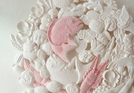 永田哲也「鶴亀の祝宴」 200×100cm(部分) 和紙（無形文化財　西の内紙）