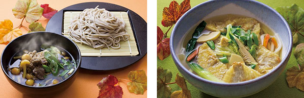 （左）牛肉なめこつけ麺 ／ （右）揚げワンタンちゃんぽんそば・うどん