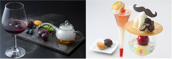 (写真左)香りを食べるカクテル　1,800円　(写真右)おひげチョコのグラスデザート　2,500円