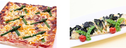 【左】グリーンアスパラのミモザピザ（3月の土日祝）　【右】白身魚と菜の花のタルタルソース焼き（4月）