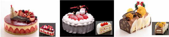 【左から】ノエル・フレジェ、苺のデコレーションケーキ、ブッシュドノエル