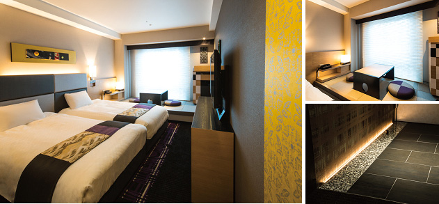 和洋のデザインが融合した客室（画像左）。畳の小上がり（画像右上）や石畳風のエントランス（画像右下）を採用するなど外国人ゲストが京都の雰囲気をお愉しみいただけるような空間に。