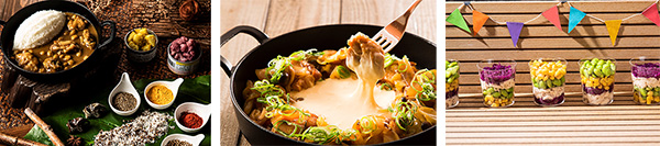 (左から)チキンとひよこ豆のスパイスカレー＆ライス、トッポギ入りチーズダッカルビ、鶏むね肉のチョップドサラダ