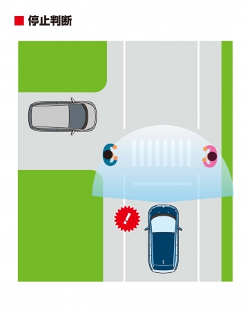 停止判断：路肩に重なった各物体を識別し、交通法規（標識・横断歩道）も包括して停止を判断します。