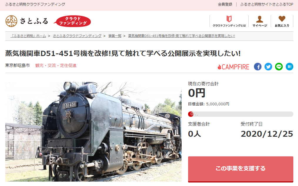 さとふると東京都昭島市 D51型蒸気機関車を蘇らせるための寄付受け付けを開始 株式会社さとふるのプレスリリース