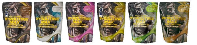 (左から)パワーチョコレート風味 ストイックバニラ風味 マッスルストロベリー風味 ストロングバナナ風味 パンプマスカット風味アクセルレモネード風味 (左から)パワーチョコレート風味 ストイックバニラ風味 マッスルストロベリー風味 ストロングバナナ風味 パンプマスカット風味アクセルレモネード風味