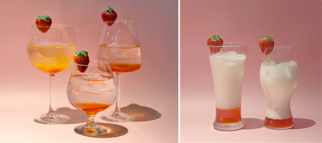 写真左 苺のサングリア、苺ソーダ、苺のスパークリング　　　　　写真右 苺ミルク、苺ミルクカクテル