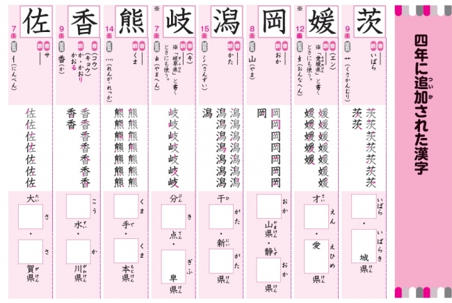 ▲「毎日のドリル　小学４年の漢字」。書き順を確かめながら、しっかり練習できます。最後のページに力だめし問題もついています。