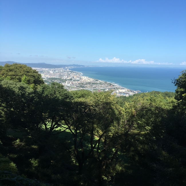 ▲石垣山城と石垣山城から見た小田原城方面