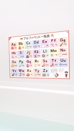 ▲防水のポスターは水で壁に貼ることができます。お風呂で楽しく学習できます。