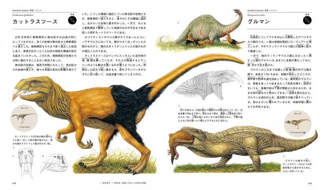 円内にあるのがルーツとなる恐竜。  ノアサウルスは「カットラスツース」に、  アベリサウルス類は「グルマン」に進化したとしている。  