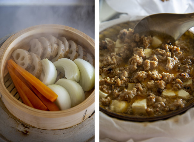 （左から）根菜蒸し、蒸し麻婆豆腐