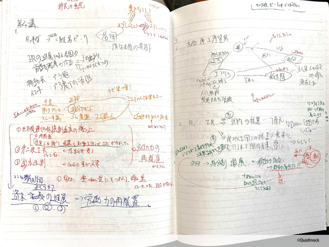 ▲世界史は時系列が大切なので、矢印があちこちに伸びています。先生の話の展開にあわせて順に色を変えて書いています。