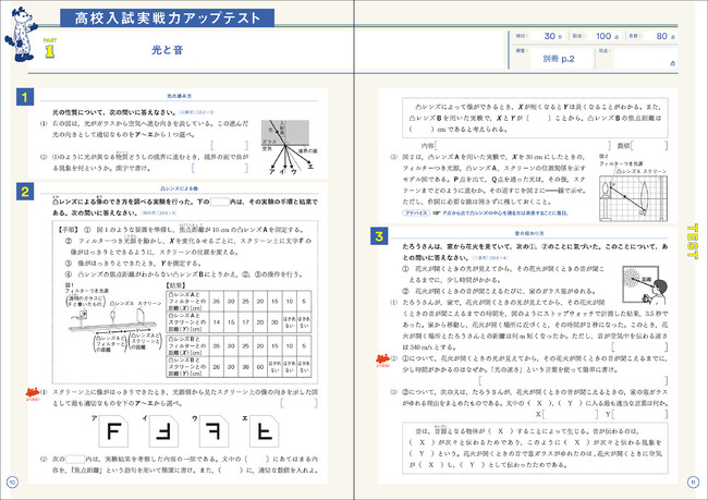 過去問演習のページ。難しい問題には、アドバイスもある。（『理科』より）