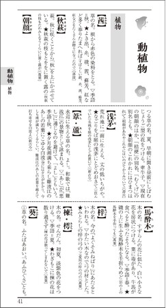 ▲「動植物」のページ。古典の世界ではどんな植物がおなじみかもわかり、イラストを描く下調べとしても役立つ ▲「動植物」のページ。古典の世界ではどんな植物がおなじみかもわかり、イラストを描く下調べとしても役立つ