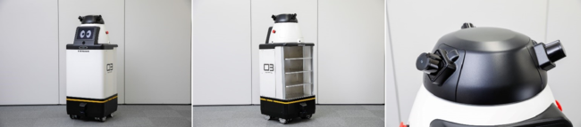 ▲使用したサービスロボット　左から2枚目はロボット荷台、3枚目はロボット頭部センサー部