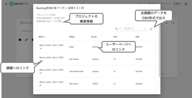 「Backlog原価計算アドオン」画面イメージ