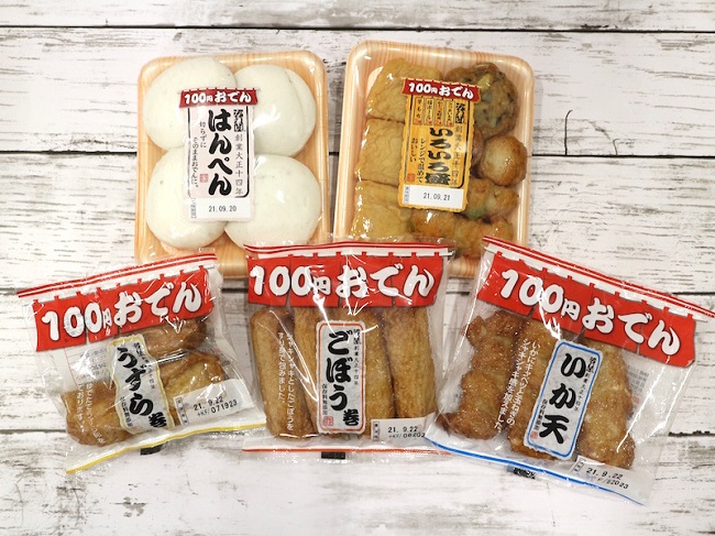 100円おでん　はんぺん(※関東エリア限定)／いろいろ盛／うずら巻／ごぼう巻／いか天（各・本体価格100円／税込108円）