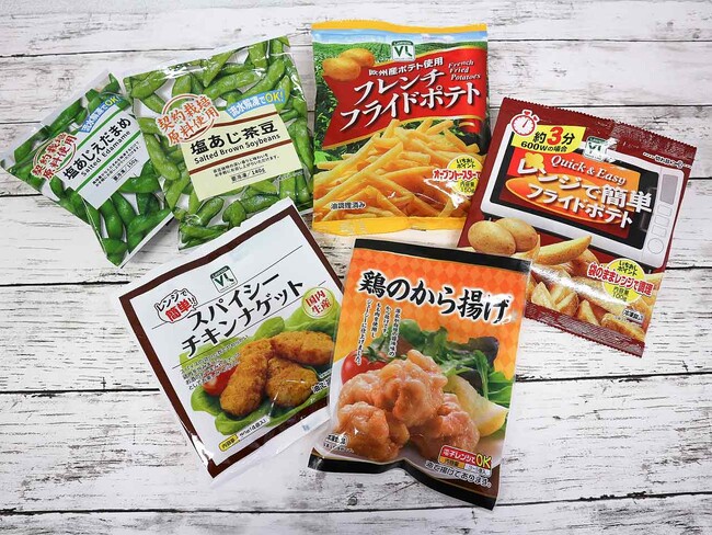 冷凍食品各種（塩あじえだまめ／塩あじ茶豆／VLフレンチフライドポテト／VLレンジで簡単フライドポテト／VLスパイシーチキンナゲット／鶏のから揚げ）