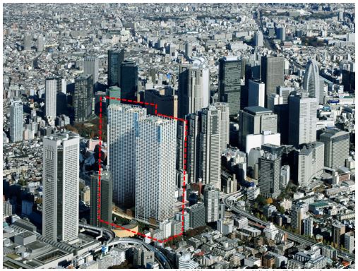 新宿副都心エリアの空撮写真に建物完成予想パースをはめ込んでおります。