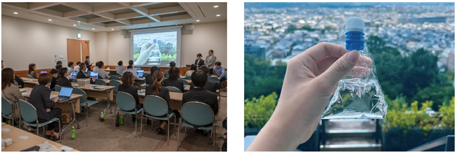 写真左:プロダクトデザイン学科2年 救仁郷(くにごう)さんのプレゼンテーション(右手演台) 写真右:救仁郷さんの初期試作品 「ジューペット」 写真左:プロダクトデザイン学科2年 救仁郷(くにごう)さんのプレゼンテーション(右手演台) 写真右:救仁郷さんの初期試作品 「ジューペット」