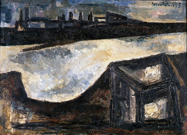 村上三郎　《河小屋》1952年　油彩、カンヴァス　　芦屋市立美術博物館蔵