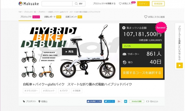 【「Makuake」におけるglafit®バイクの資金調達プロジェクトが国内最高額を達成】