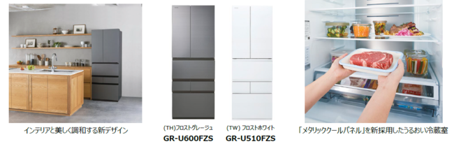 左：インテリアと美しく調和する新デザイン＿中央：GR-U600FZS(TH)フロストグレージュ、GR-U510FZS(TW)フロストホワイト＿右：「メタリッククールパネル」を新採用したうるおい冷蔵室