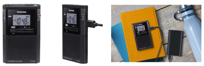 左：TY-SCR5(K)ブラック_中央：USBケーブルを直接ラジオ本体に接続(イメージ)_右：充電イメージ※モバイルバッテリーはイメージです