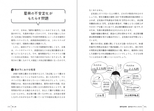 左開き「社会保障の基礎知識編」の1ページ。 日本の社会保障のしくみについて、新聞記者の視点でわかりやすく解説されている。
