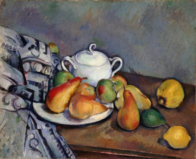 ポール・セザンヌ 《砂糖壺、梨とテーブルクロス》 1893-1894年 ポーラ美術館