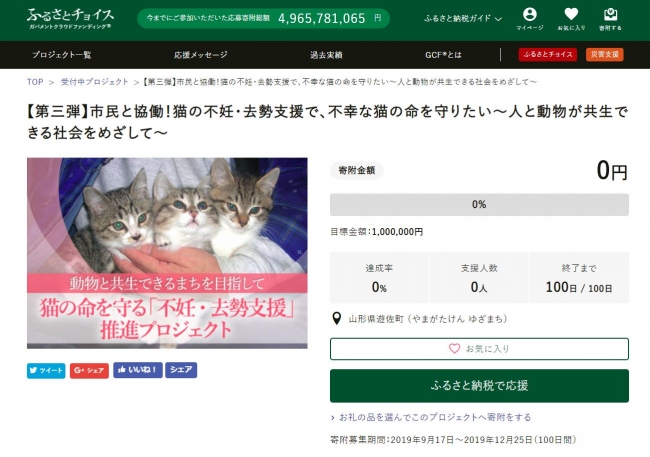 山形県遊佐町とふるさとチョイス ふるさと納税を活用して 猫の不妊 去勢支援事業において１００万円の資金調達を開始 株式会社トラストバンクのプレスリリース