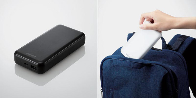 ▲ 写真左：製品画像(ブラック)　写真右：カバンのポケットに入れやすいフラットデザイン(ホワイト)