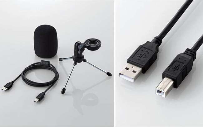 ▲ 左：マイク本体以外にミニ三脚、 ケーブル、ウインドスクリーンが付属、 右：付属のUSBケーブル(USB-B to USB-A)