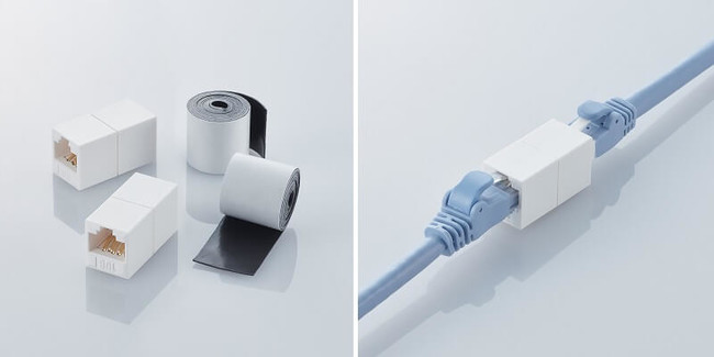 左：中継コネクターと簡易防水テープ 右：中継コネクター使用例