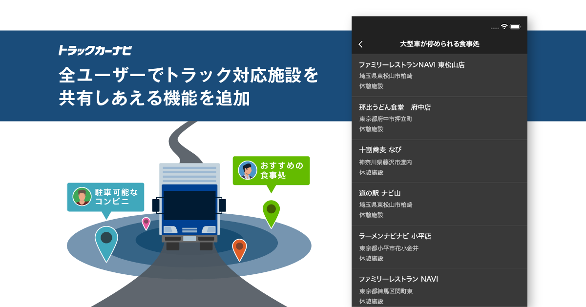 トラックカーナビ 大型車を駐車可能な休憩施設を全ユーザーで共有可能に 株式会社ナビタイムジャパンのプレスリリース