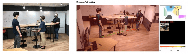 「密接アラート機能」デモイメージ（カメラに映る人物間の距離をほぼリアルタイムに測定。近づきすぎを検知しアラートを出す）