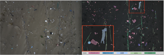 ▲ リッジアイが開発した海洋ごみ解析AIを使用し、ごみの分布状況や量を解析し海洋ごみ調査レポートを作成　(左) 砂浜海岸の撮像画像　(右) 海洋ごみ解析AIの出力結果