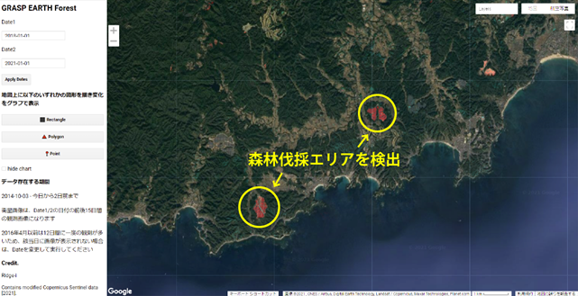 図2：千葉県南部の森林伐採エリア検出結果