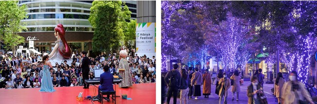 Hibiya Festival（写真左）やHIBIYA Magic Time Illumination（写真右）の開催により、日比谷エリアに賑わいを創出