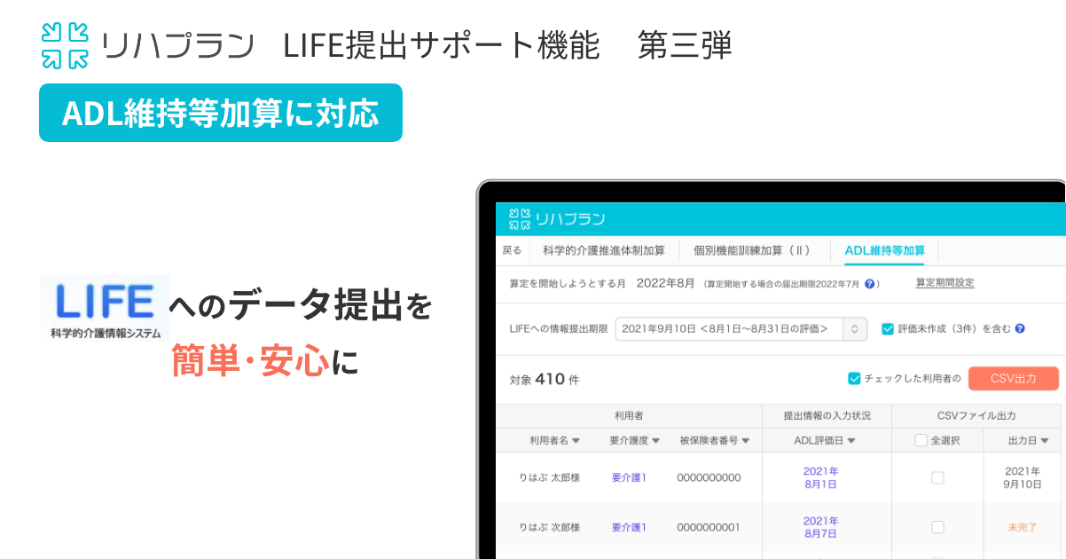 リハプランが Adl維持等加算 のlife提出サポート機能の提供を開始 株式会社rehab For Japanのプレスリリース