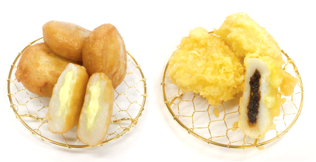 調理イメージ 左:『モッチもち 4 種のチーズ入ソース』(素揚げ) 右:『モッチもち 八丁味噌だれ』(天ぷら) 調理イメージ 左:『モッチもち 4 種のチーズ入ソース』(素揚げ) 右:『モッチもち 八丁味噌だれ』(天ぷら)