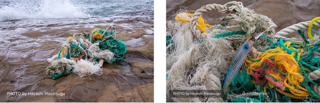 ▲ Garbage drifting in the ocean. Garbage washed ashore in the ocean is generally called "marine debris". The photograph shows debris (clumps) entwined with various fishing nets. Lures used for fishing are also found in the debris.