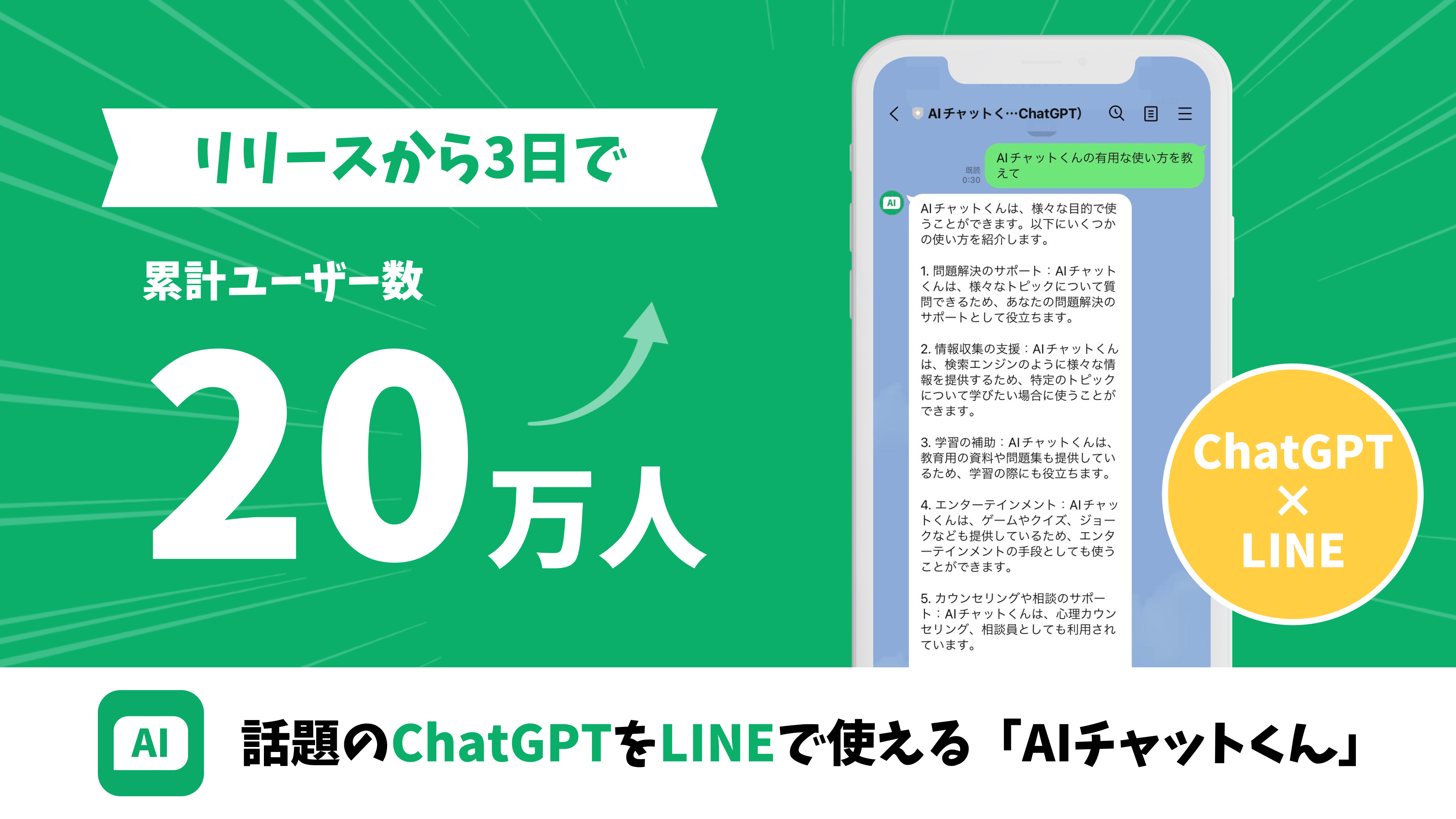 話題のChatGPTをLINEで使える「AIチャットくん」リリースから3日で20万