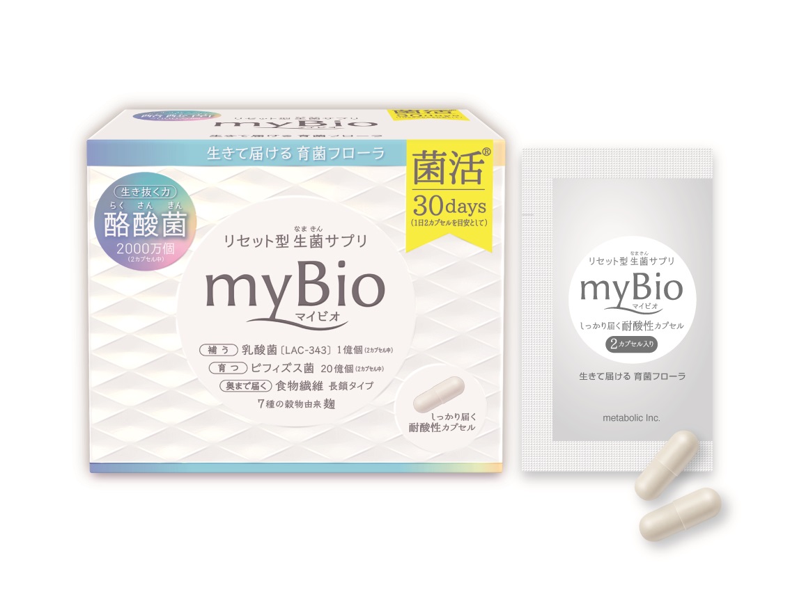 耐酸性カプセルで、「酪酸菌など3つの生菌」と「菌のエサ」をしっかり届けるリセット型生菌サプリ『myBio(マイビオ)』3月26 日新発売！｜株式会社メタボリックのプレスリリース