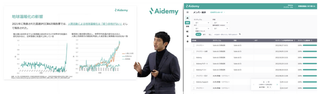 Aidemyの画面の例（左：Aidemy GX｜法人向けの実際のコースの様子, 右：利用者向けの管理画面イメージ）