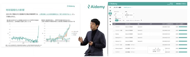 Aidemyの画面の例（左：Aidemy GX｜法人向けの実際のコースの様子, 右：利用者向けの管理画面イメージ）